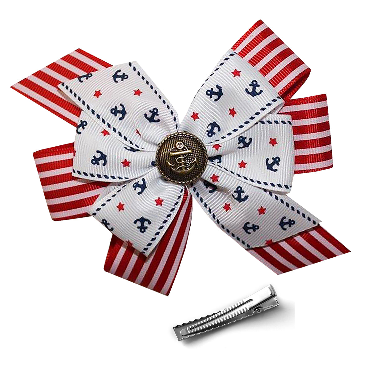 WD2U Girls 4.5" Nautical Anchor Red White Blue Hair Bow Alligator Clip