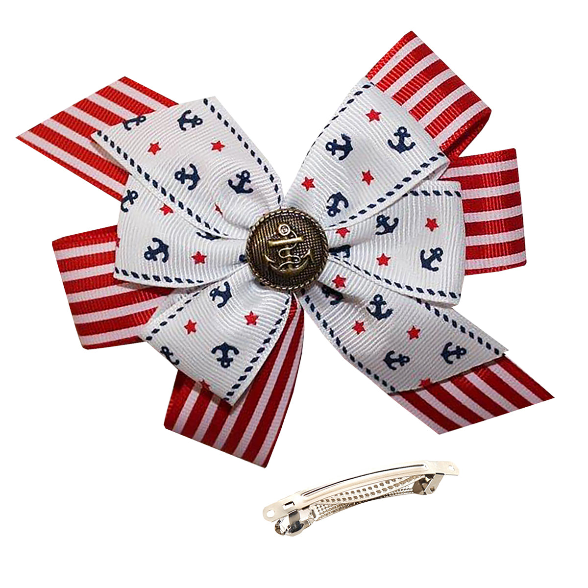 WD2U Girls 4.5" Nautical Anchor Red White Blue Hair Bow French Clip