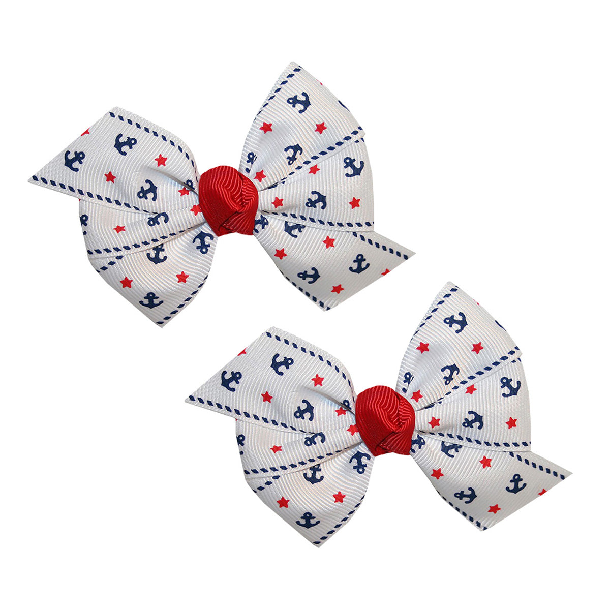 WD2U Baby Girls Set of 2 Nautical Anchor Red White Blue 3" Pigtail Hair Bows