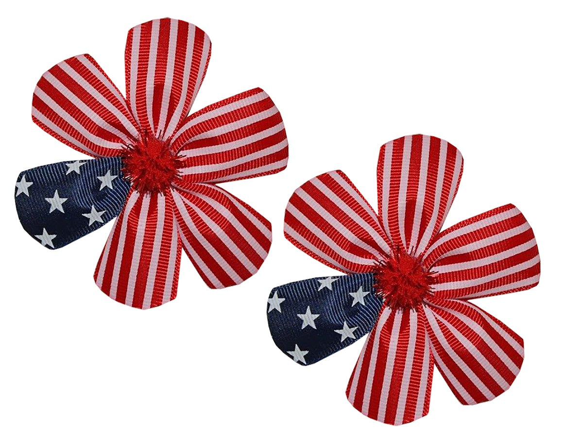 WD2U Baby Girl Set of 2 Stars & Stripes Red White Blue July 4th 2.5" Flower Hair Bows Alligator Clips