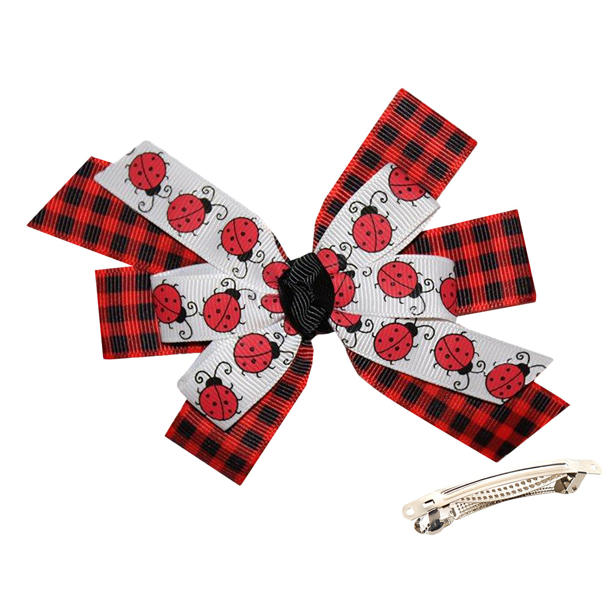 WD2U Girls 4.5" Red Black Buffalo Plaid Ladybug Hair Bow French Clip