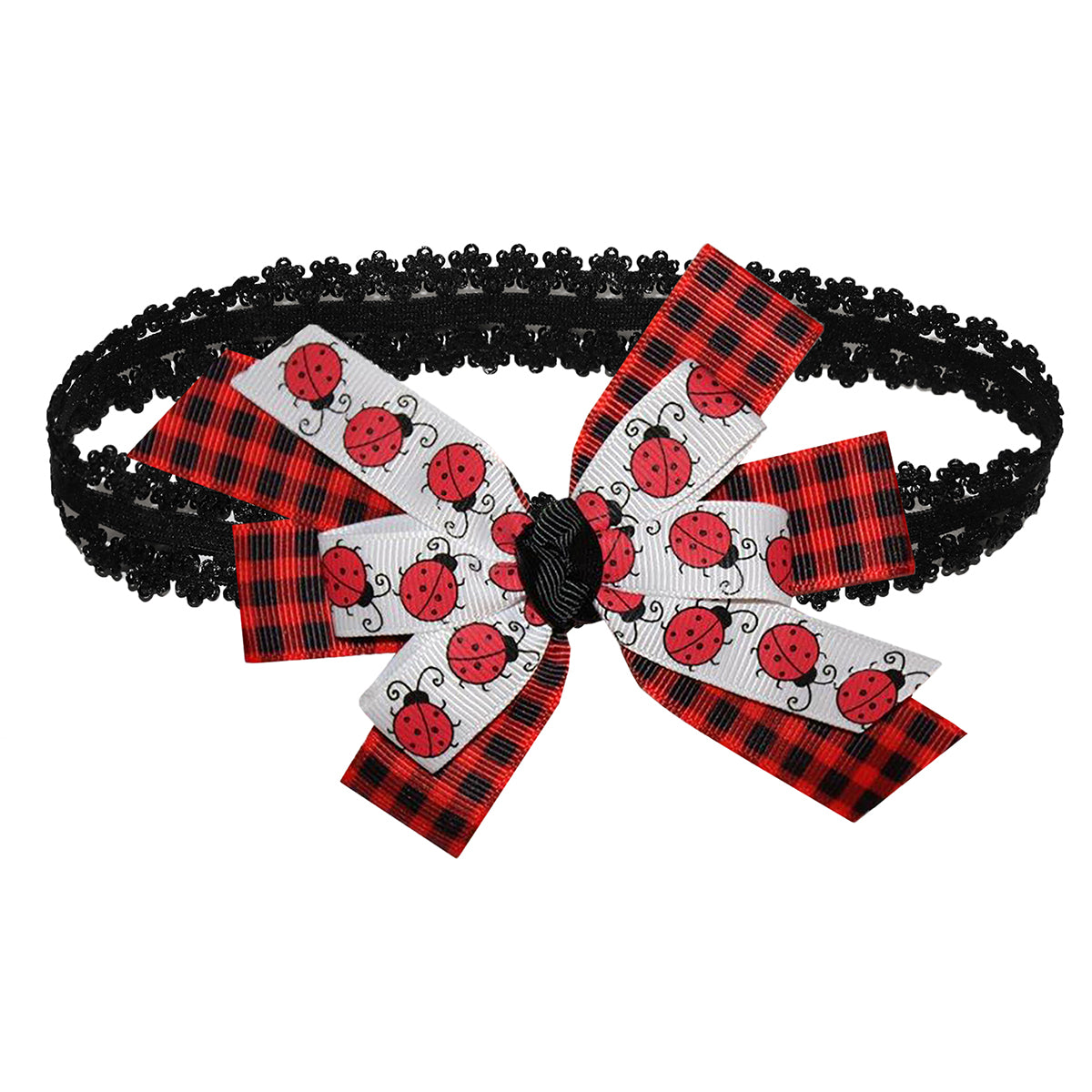 WD2U Baby Girls 4.5" Red Black Buffalo Plaid Ladybug Hair Bow Headband