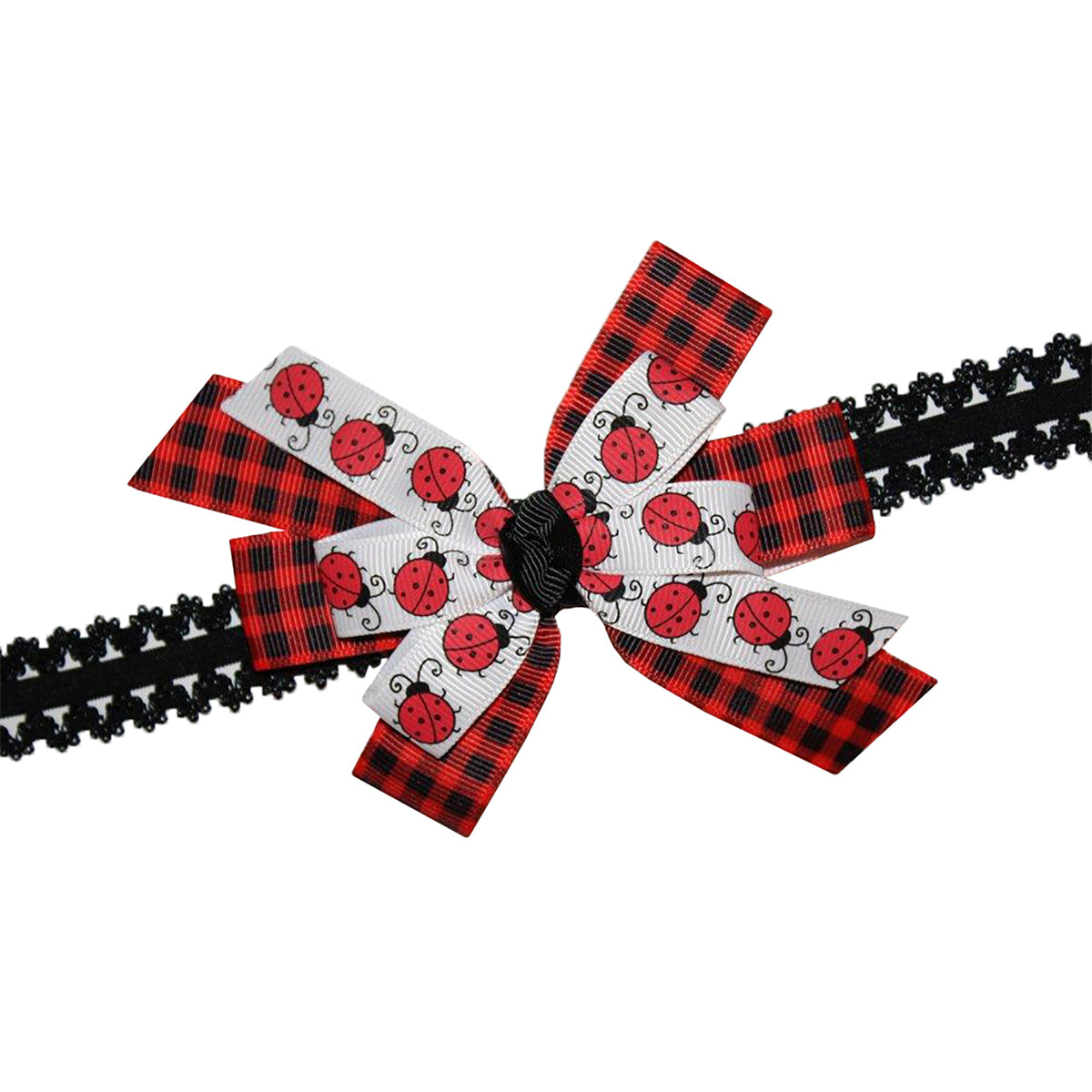 WD2U Baby Girls 4.5" Red Black Buffalo Plaid Ladybug Hair Bow Headband