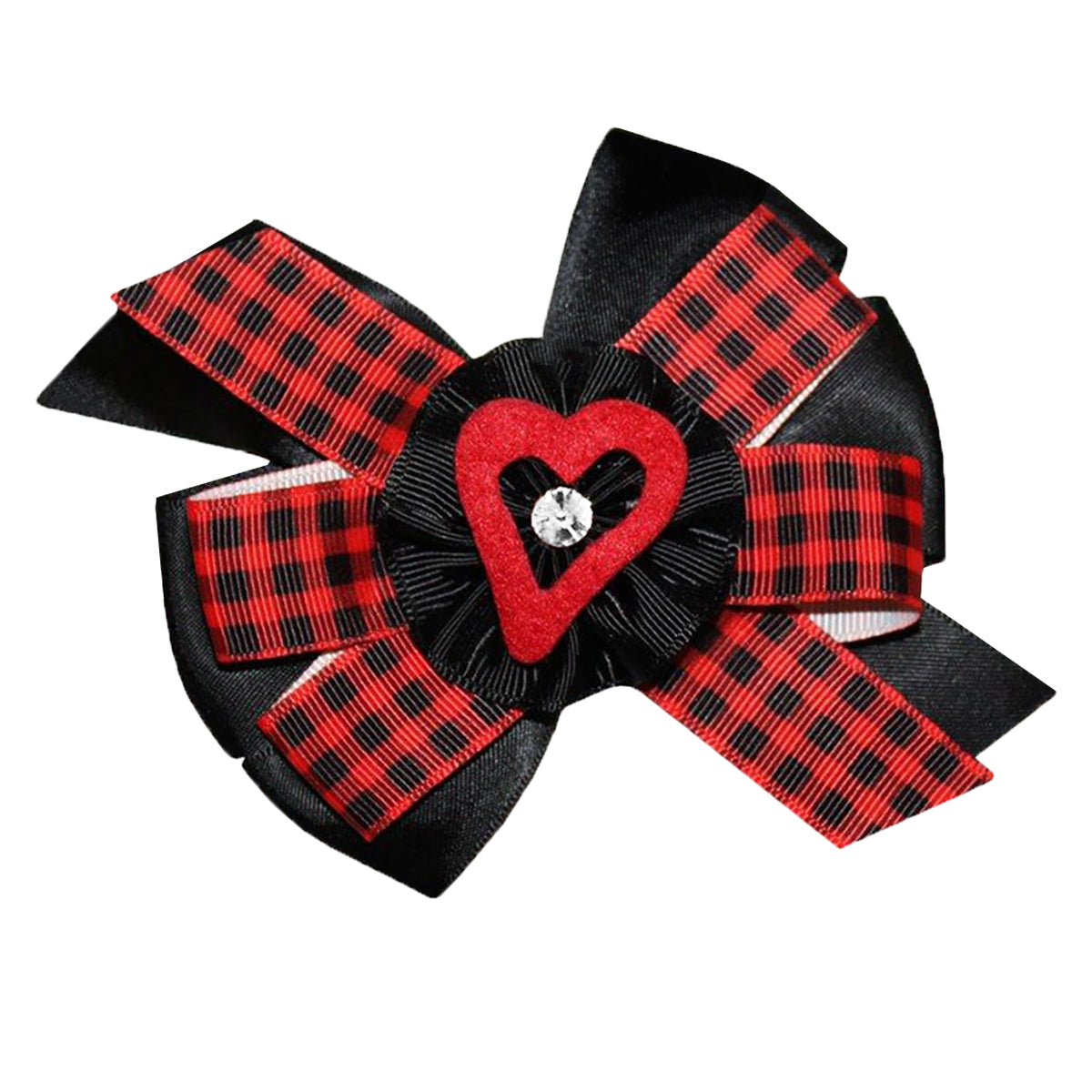 WD2U Girls 5" Red Black Buffalo Plaid Open Heart Valentines Hair Bow Alligator Clip