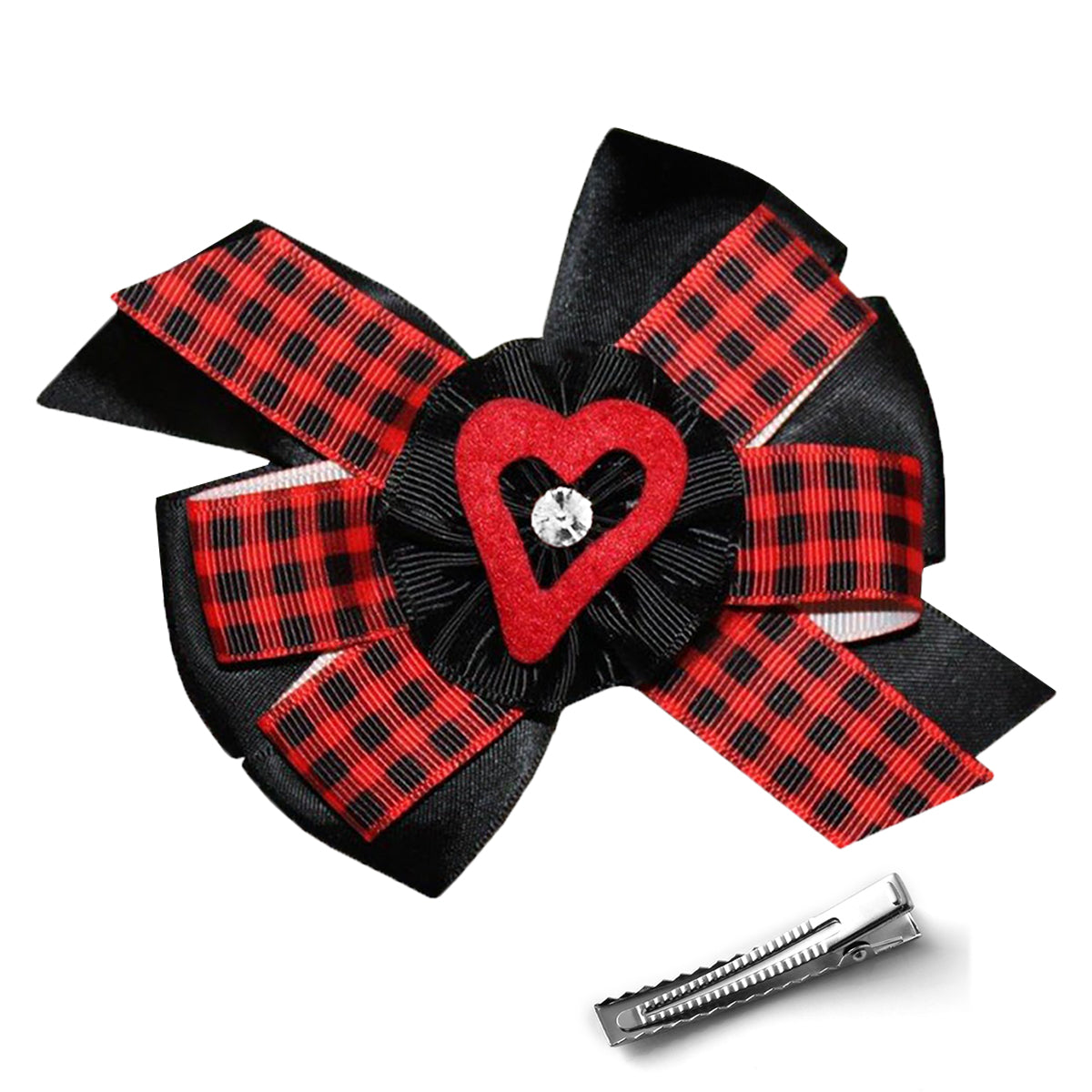 WD2U Girls 5" Red Black Buffalo Plaid Open Heart Valentines Hair Bow Alligator Clip