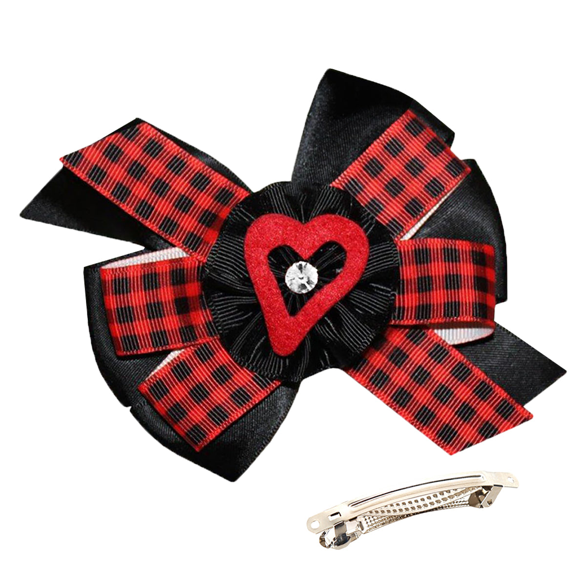 WD2U Girls 5" Red Black Buffalo Plaid Open Heart Valentines Hair Bow French Clip
