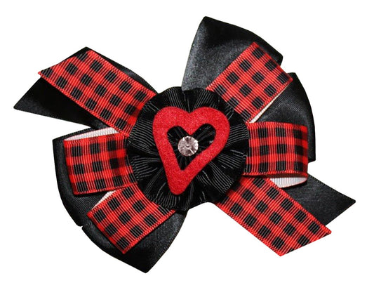 WD2U Girls 5" Red Black Buffalo Plaid Open Heart Valentines Hair Bow French Clip