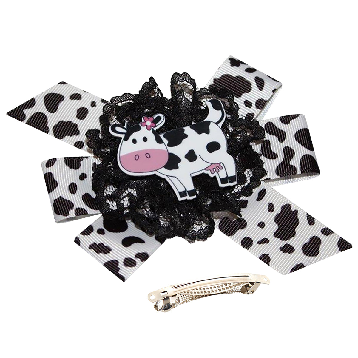 WD2U Girls 4.5" Daisy Holstein Milk Cow Farm Girl Hair Bow French Clip Barrette
