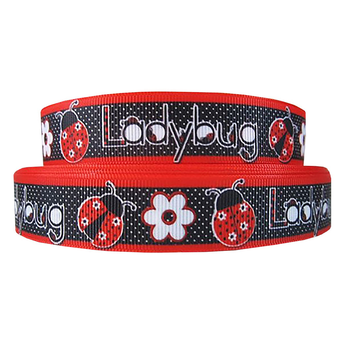 7/8" Grosgrain Ribbon Red Black Dotted Ladybug Lady Bug Print DIY Hair Bows