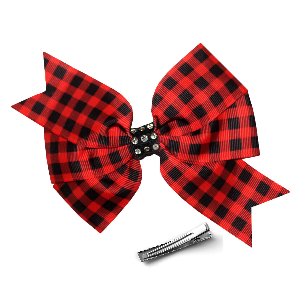 WD2U Girls 5" Red Black Buffalo Plaid Rhinestone Hair Bow Alligator Clip