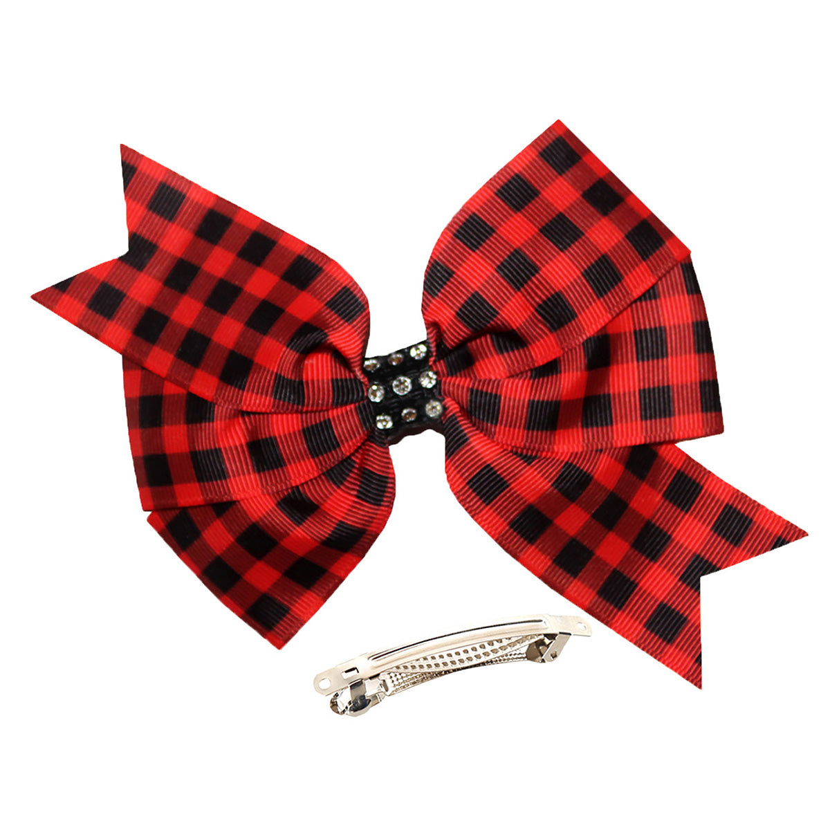 WD2U 5" Red Black Buffalo Plaid Rhinestone Hair Bow French Clip