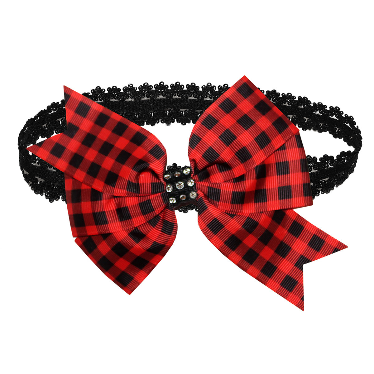 WD2U Baby Girls 5" Red Black Buffalo Plaid Rhinestone Hair Bow Headband