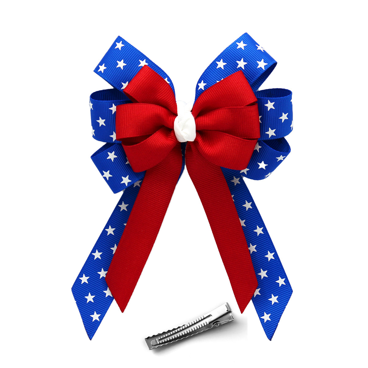 WD2U Girls 4.5" Red White Blue Star Spangled July 4th Hair Bow with Tails on Alligator Clip