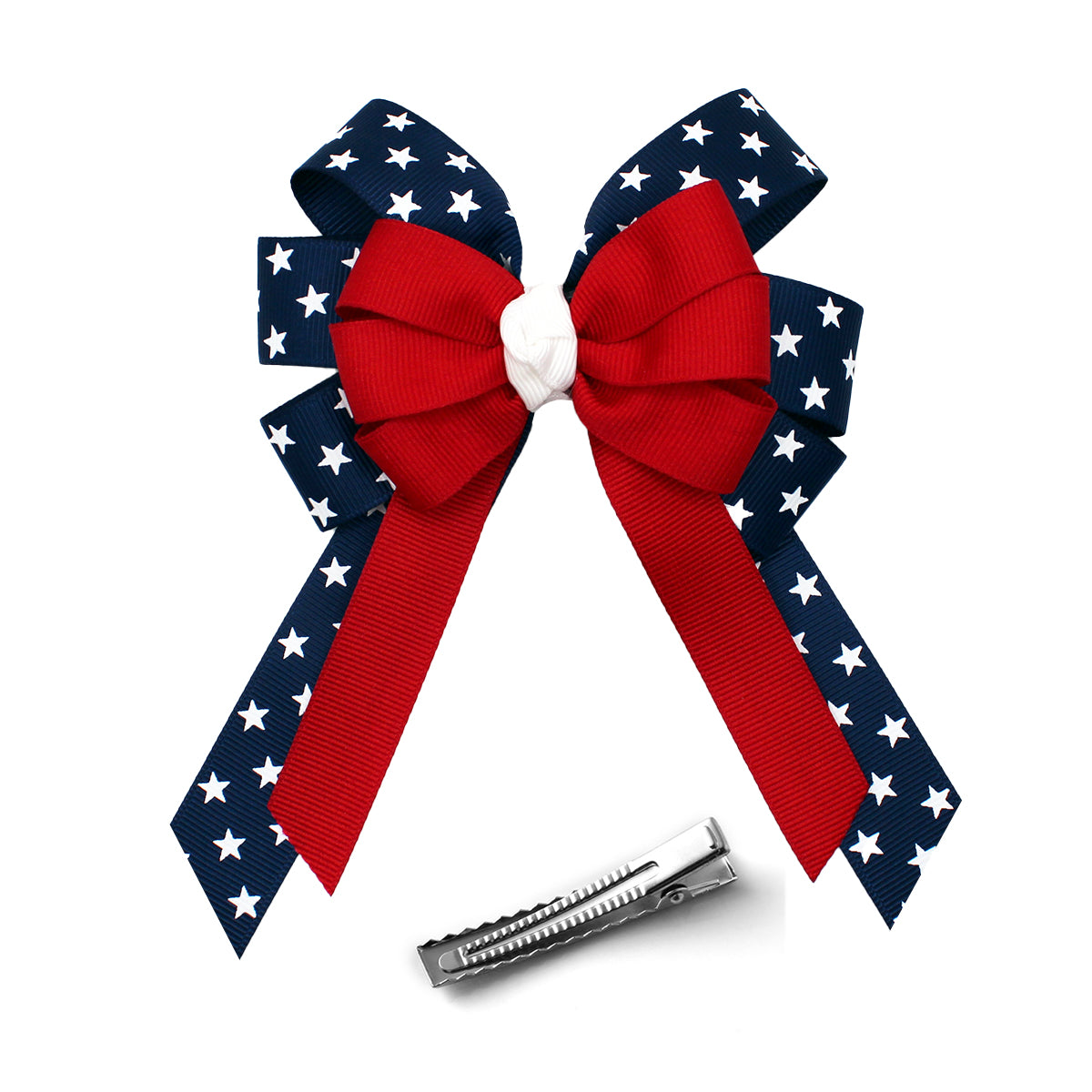WD2U Girls 4.5" Red White Blue Star Spangled July 4th Hair Bow with Tails on Alligator Clip