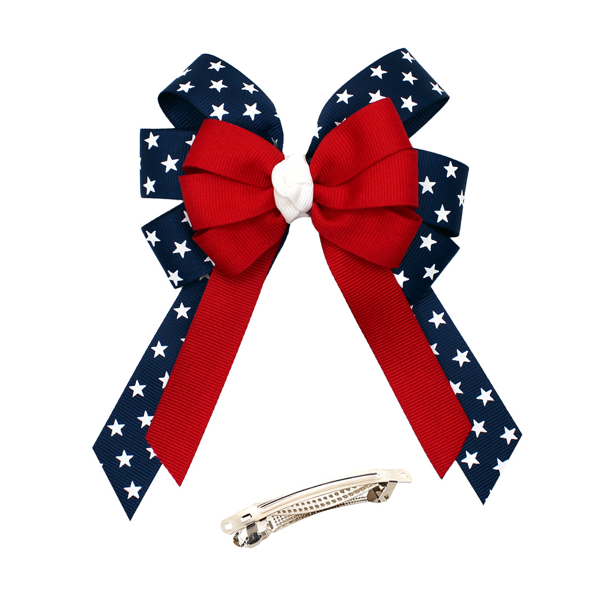 WD2U Girls 4.5" Red White Blue Star Spangled July 4th Hair Bow with Tails French Clip Barrette