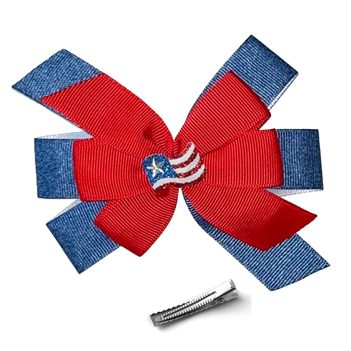 WD2U Girls 4.5" Red White Blue Jean American Flag July 4th Hair Bow Alligator Clip