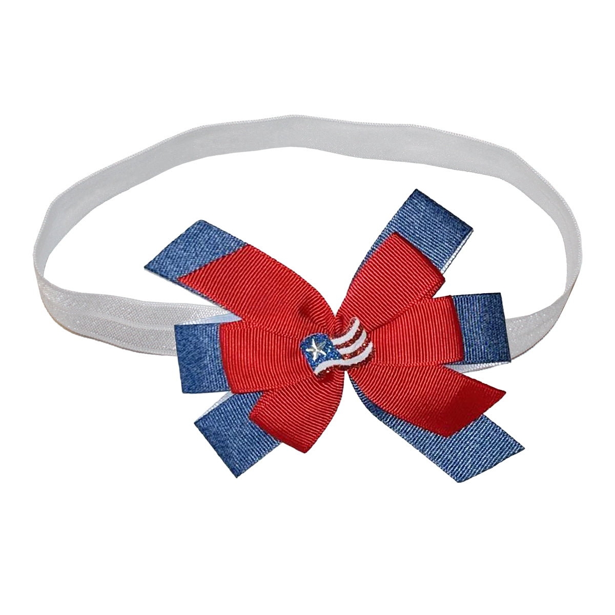 WD2U Baby Girls 4.5" Red White Blue Jean American Flag July 4th Hair Bow Stretch Headband