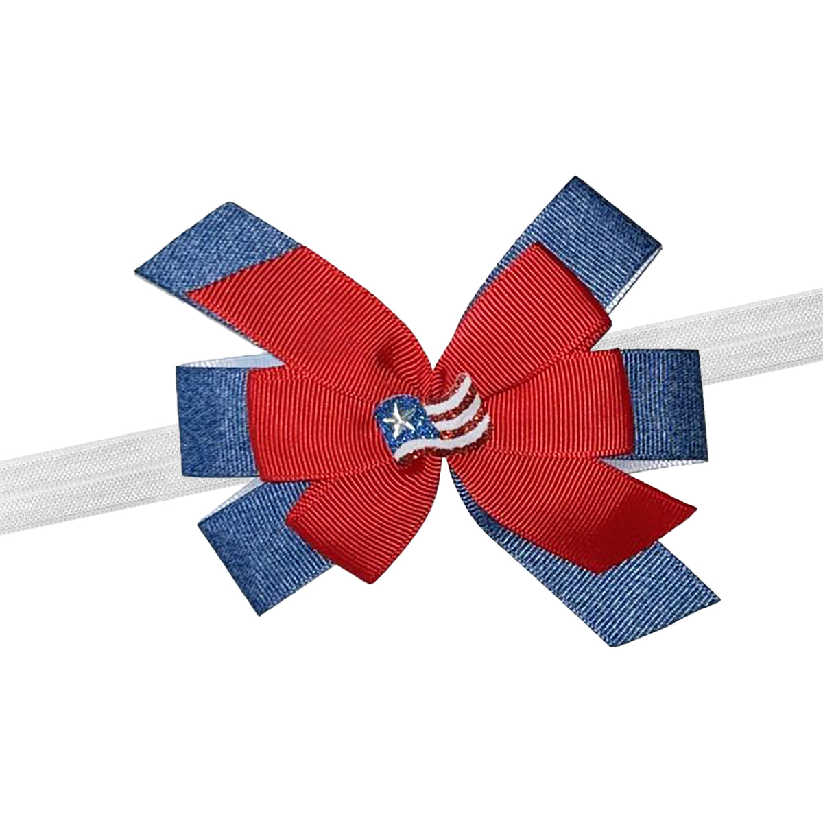 WD2U Baby Girls 4.5" Red White Blue Jean American Flag July 4th Hair Bow Stretch Headband