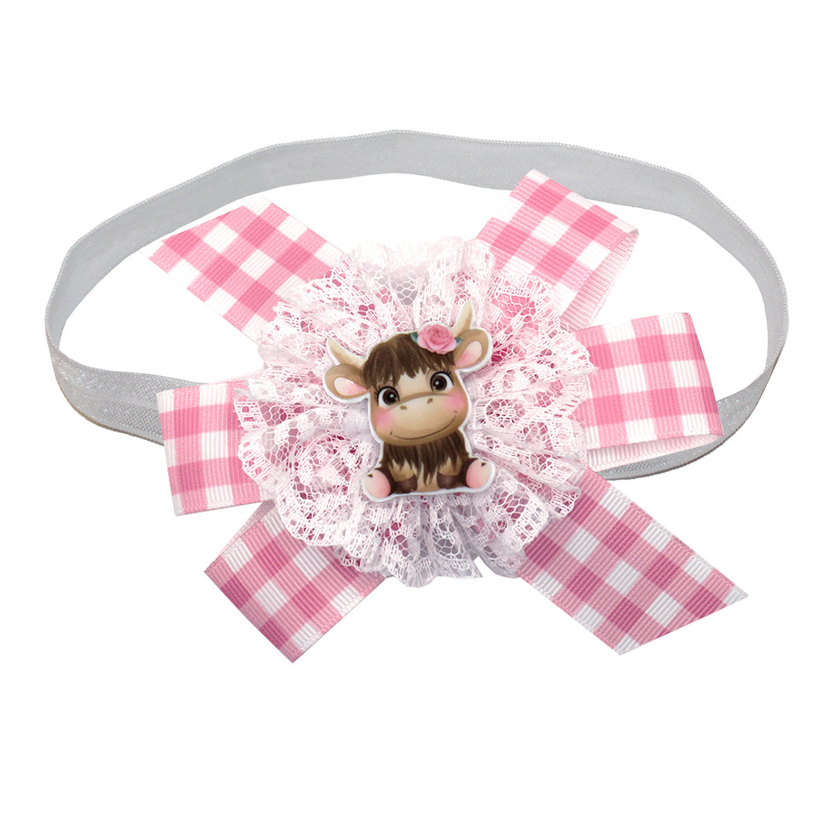 WD2U Baby Girls 4.5" Pink Rose Highland Cow Farm Girl Hair Bow Stretch Headband