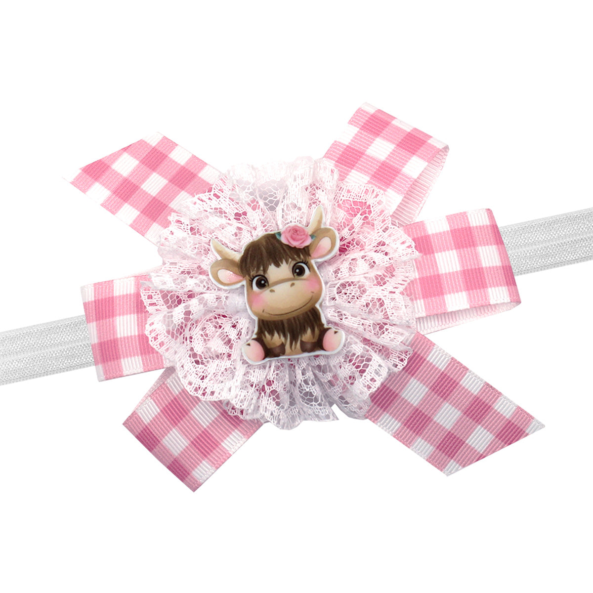 WD2U Baby Girls 4.5" Pink Rose Highland Cow Farm Girl Hair Bow Stretch Headband