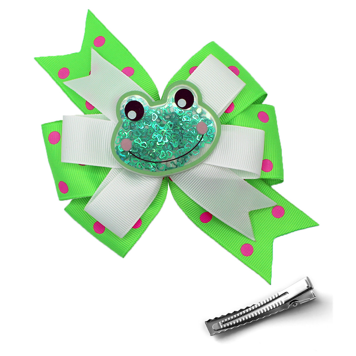 WD2U Girls 5" Sequin Frog Dotted Grosgrain Hair Bow Alligator Clip