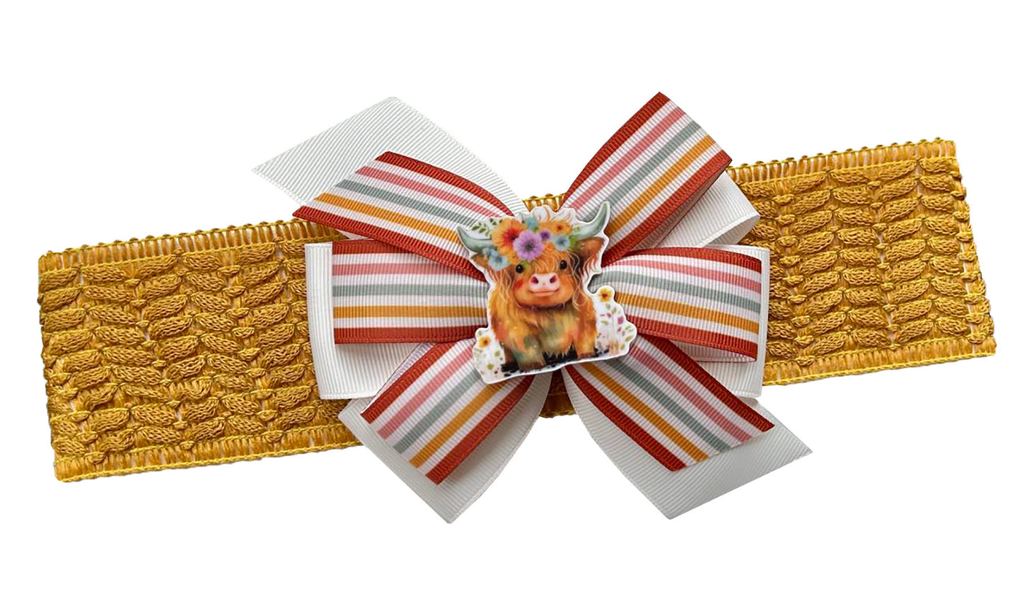 WD2U Baby Girls 5" Highland Cow Hair Bow Mustard Yellow Stretch Headband