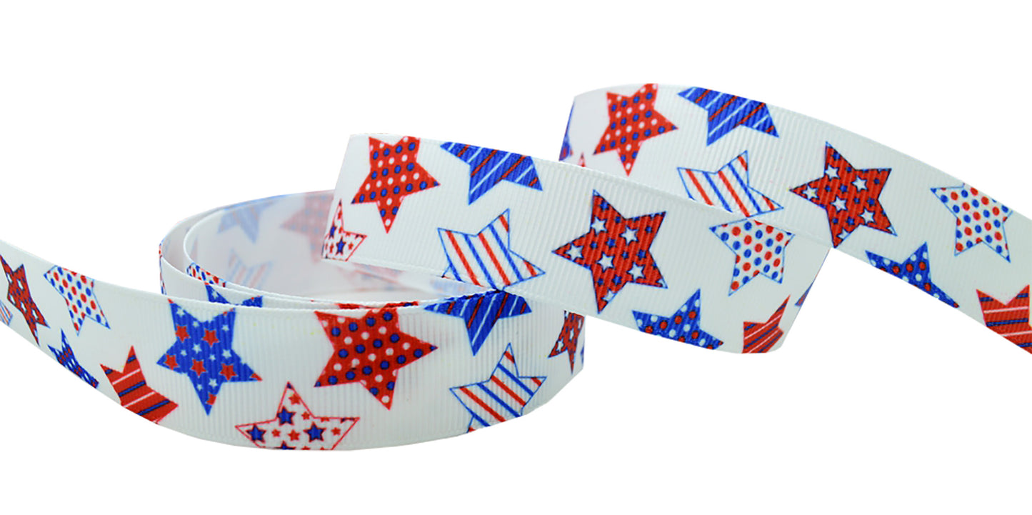 7/8" Red White Blue Stars Patriotic Grosgrain Ribbon Yardage DIY Hair Bows Crafts