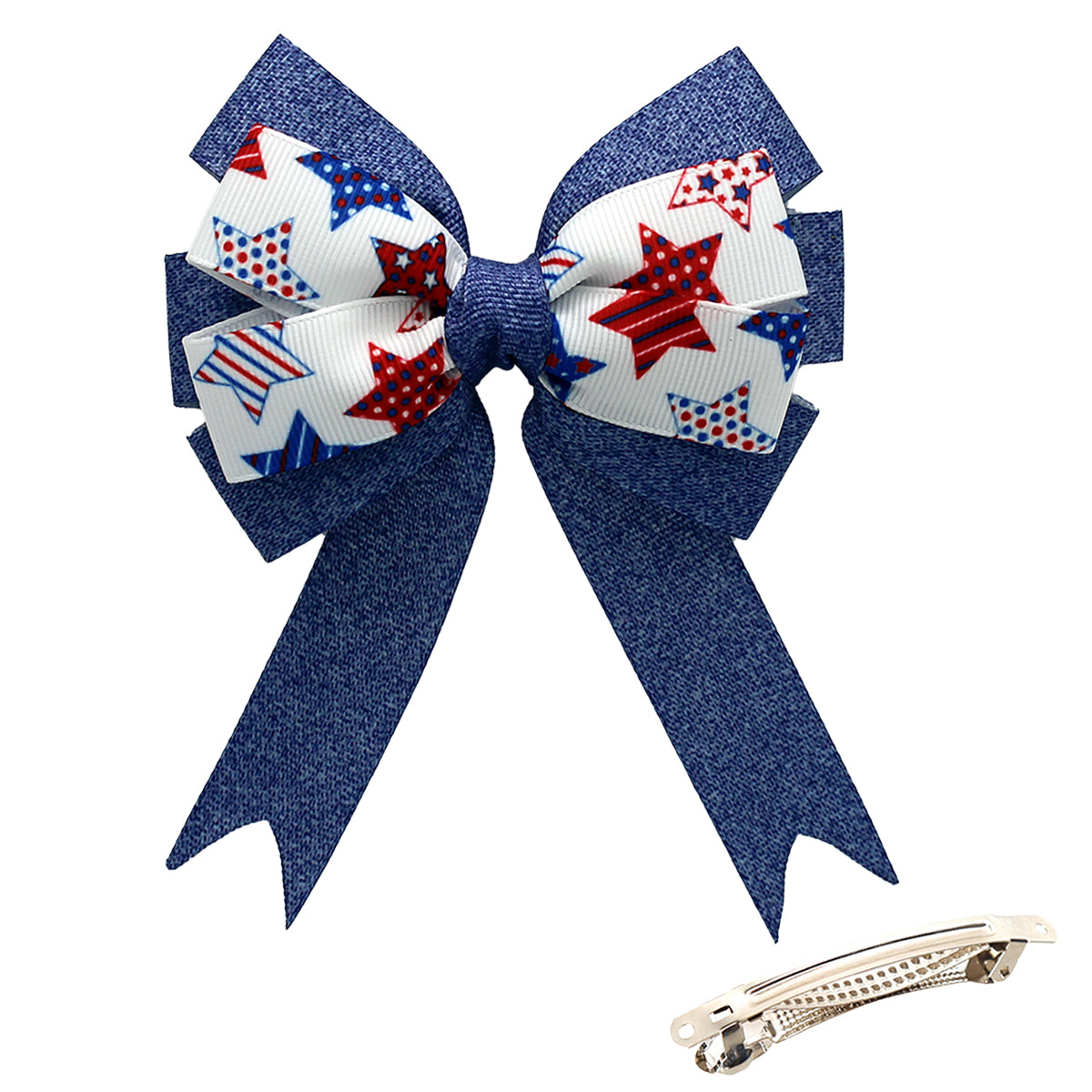 WD2U Girls 4" Red White Blue Jean Star Patriotic Hair Bow with Tails French Clip
