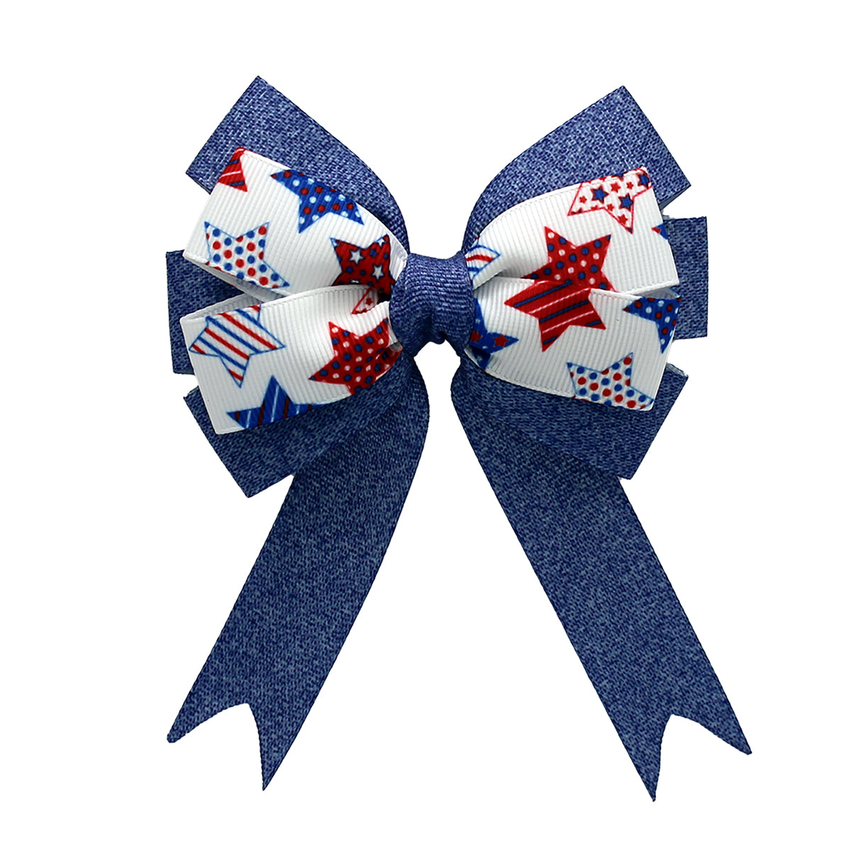 WD2U Girls 4" Red White Blue Jean Star Patriotic Hair Bow with Tails French Clip