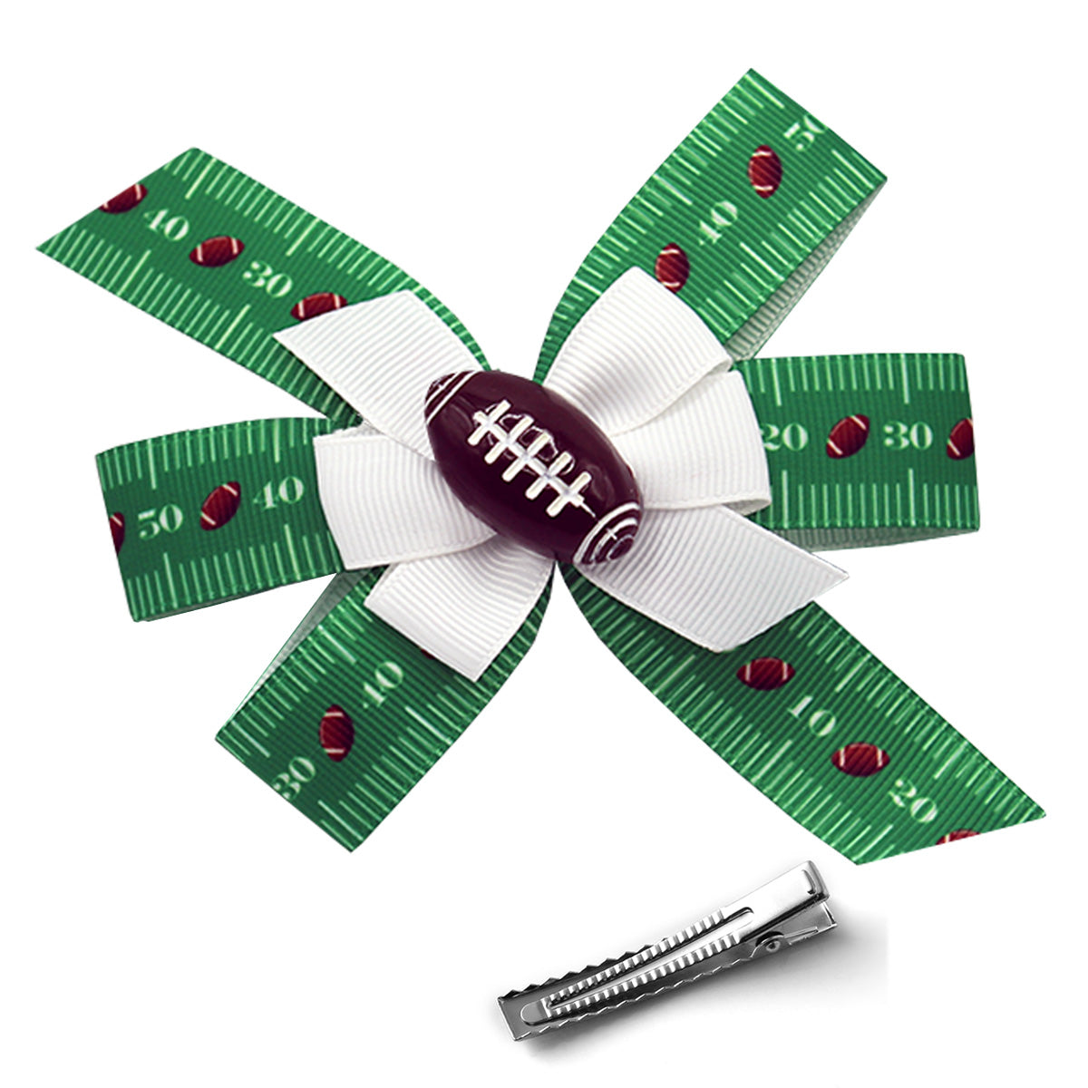 WD2U Girls 4.5" Football Field Grosgrain Hair Bow Alligator Clip