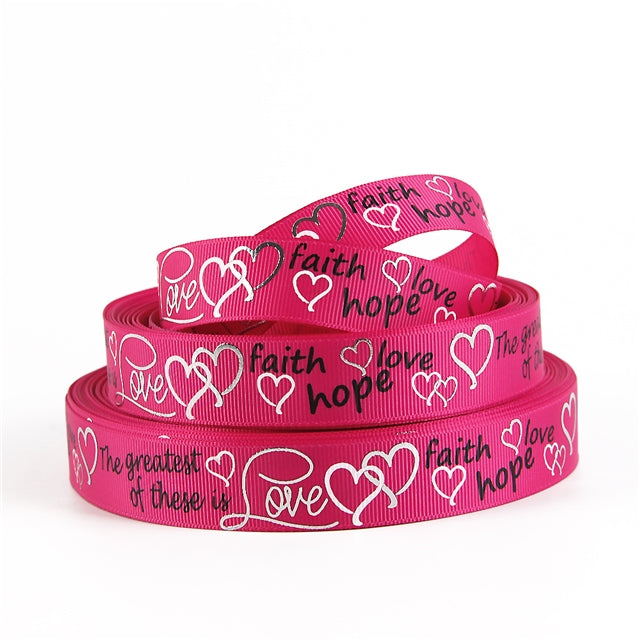 7/8" Fuchsia Faith Hope Love Christian Heart Grosgrain Ribbon Yardage DIY Hair Bows