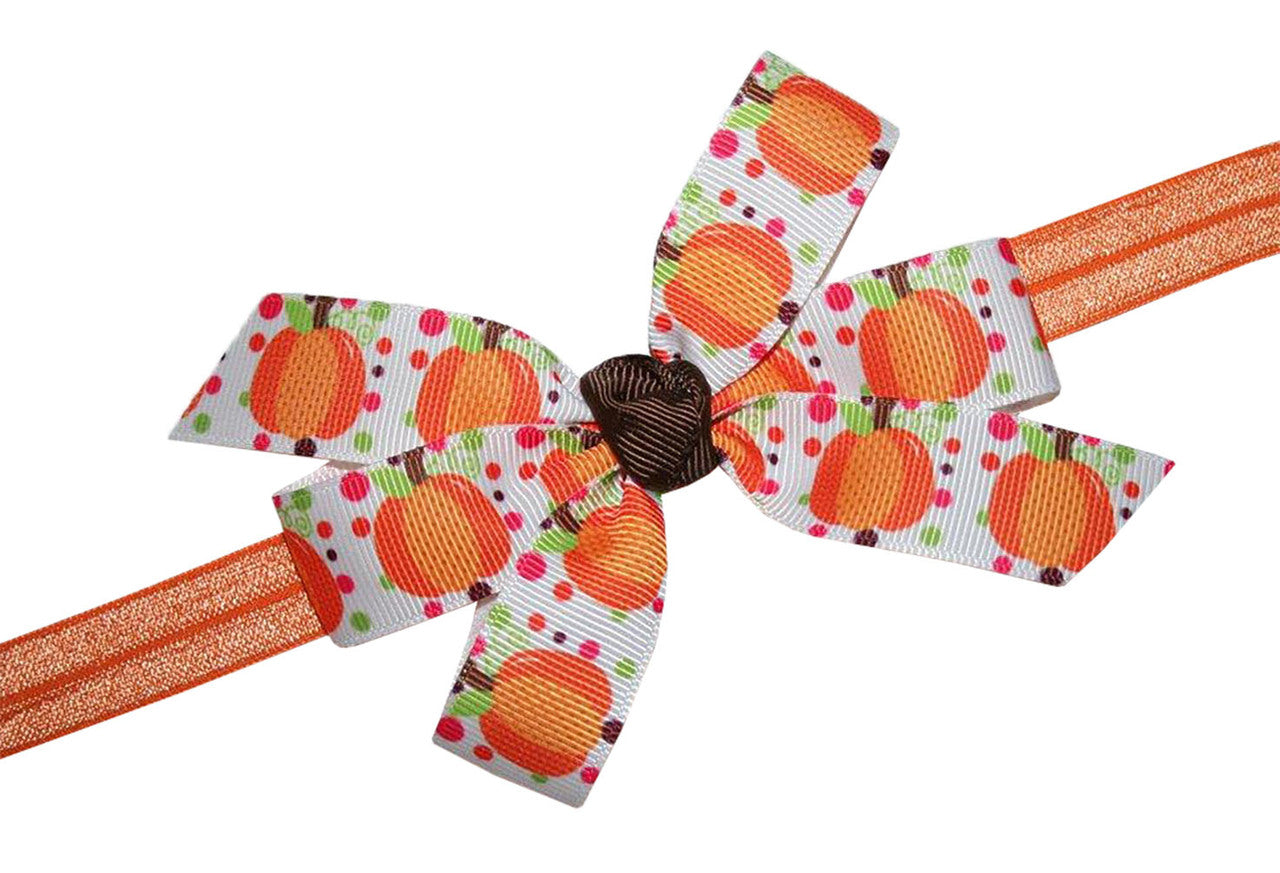 WD2U Girls Polka Dot Pumpkin Thanksgiving Harvest Hair Bow Stretch Headband