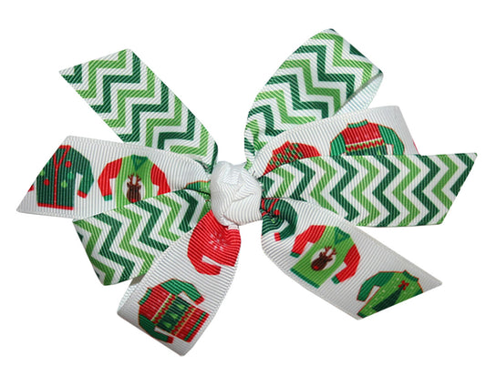 WD2U Girls Green Chevron & Ugly Christmas Sweater Party Hair Bow Alligator Clip