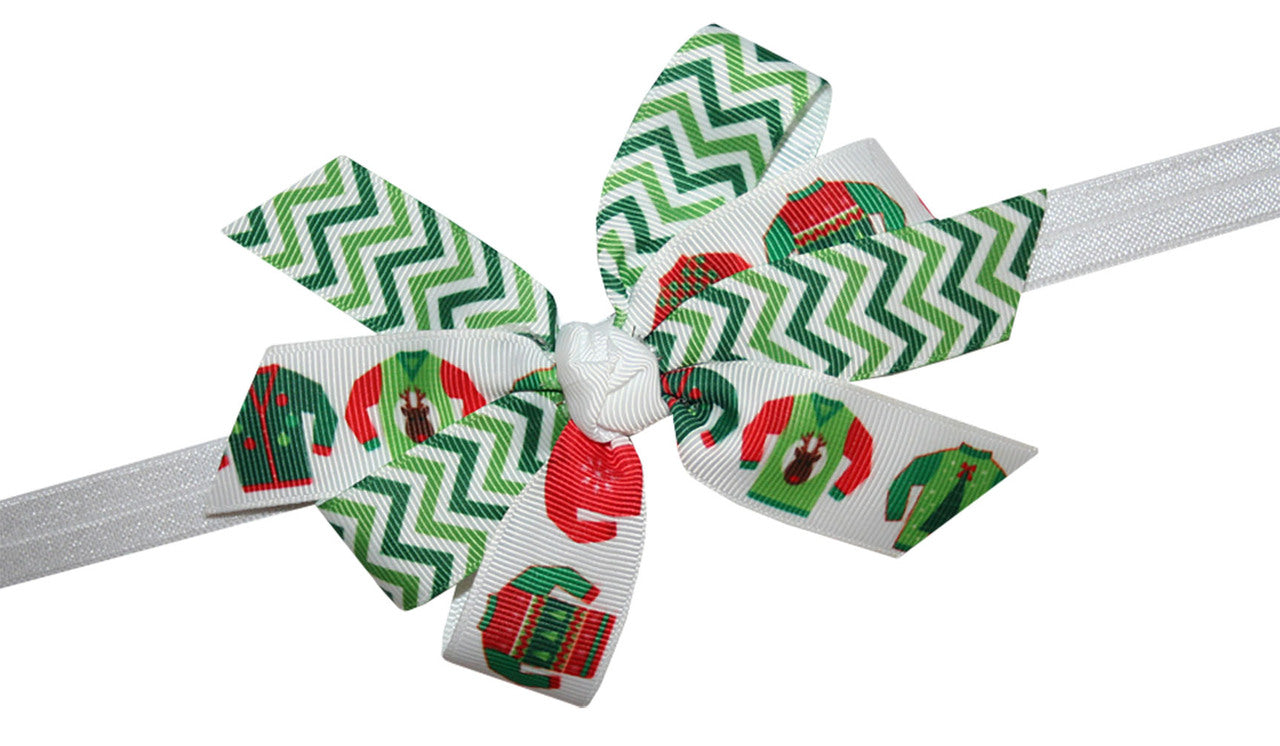 WD2U Baby Girls Green Chevron & Ugly Christmas Sweater Hair Bow Stretch Headband