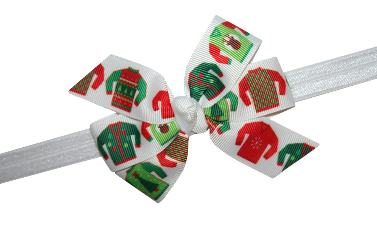 WD2U Girls Ugly Christmas Sweater Party GrosGrain Hair Bow Stretch Headband