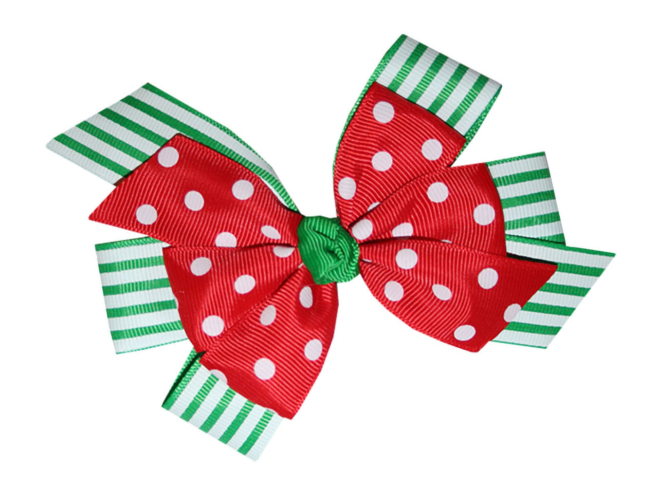 WD2U Girls Green Stripe Red Dotted Christmas Boutique Hair Bow Alligator Clip