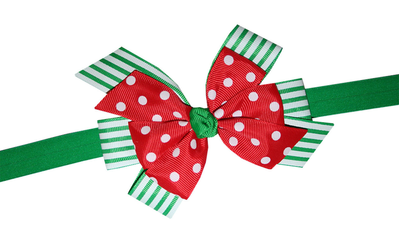 WD2U Baby Girls Green Stripe Red Dotted Christmas Hair Bow Stretch Headband