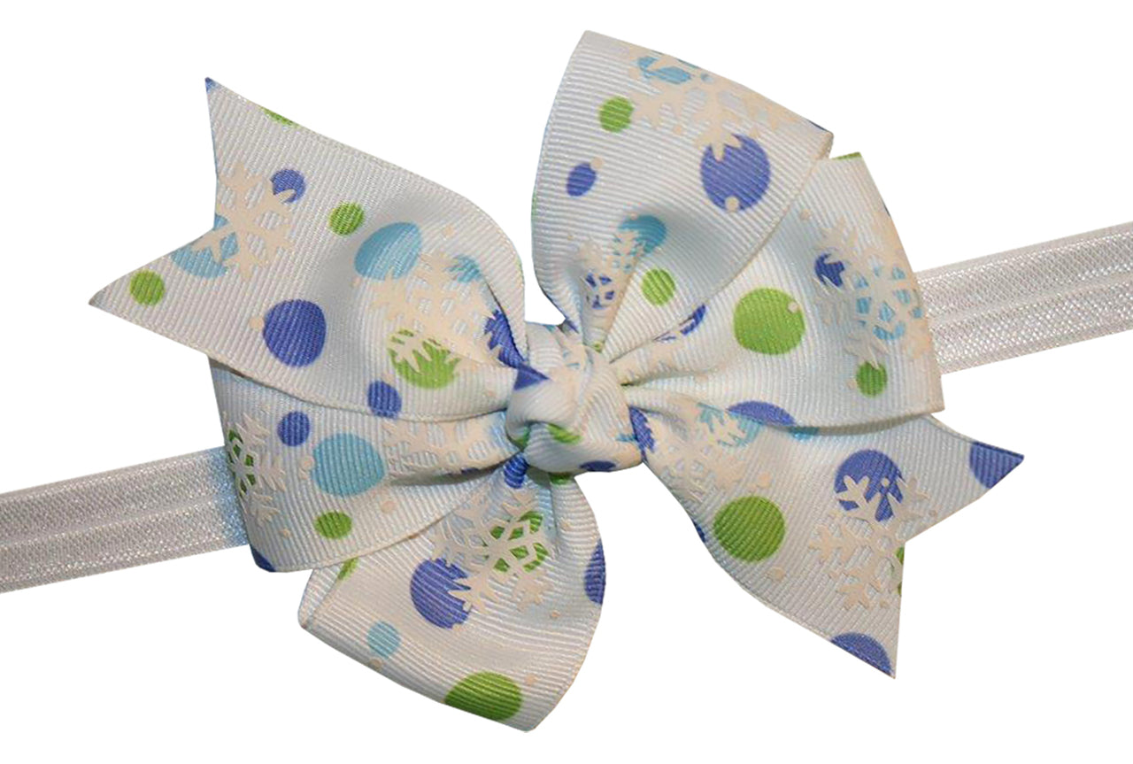 WD2U Girl Frozen Snowflake Dotted Grosgrain Christmas Hair Bow Stretch Headband
