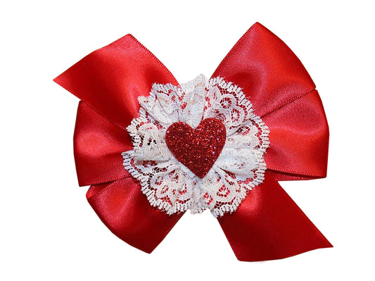 WD2U Girls Red Satin & Lace Glittered Heart Valentines Hair Bow French Clip