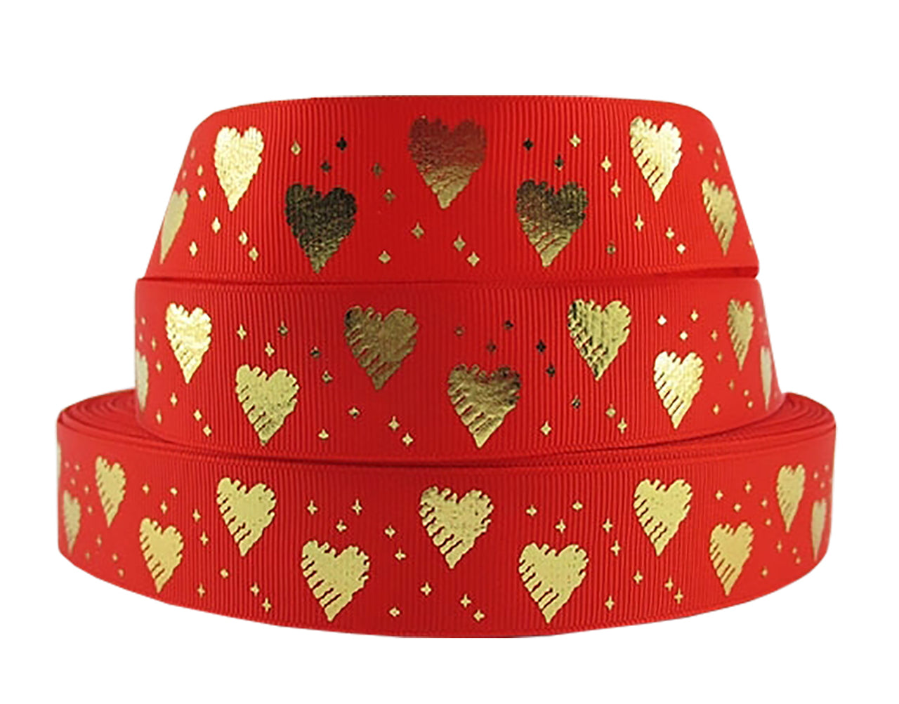1" 25mm GrosGrain Ribbon Red & Gold Foil Valentines Hearts DIY Hair Bows Crafts