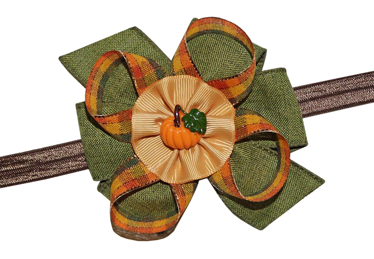 WD2U Girls Rustic Plaid Pumpkin Harvest Thanksgiving Hair Bow Stretch Headband