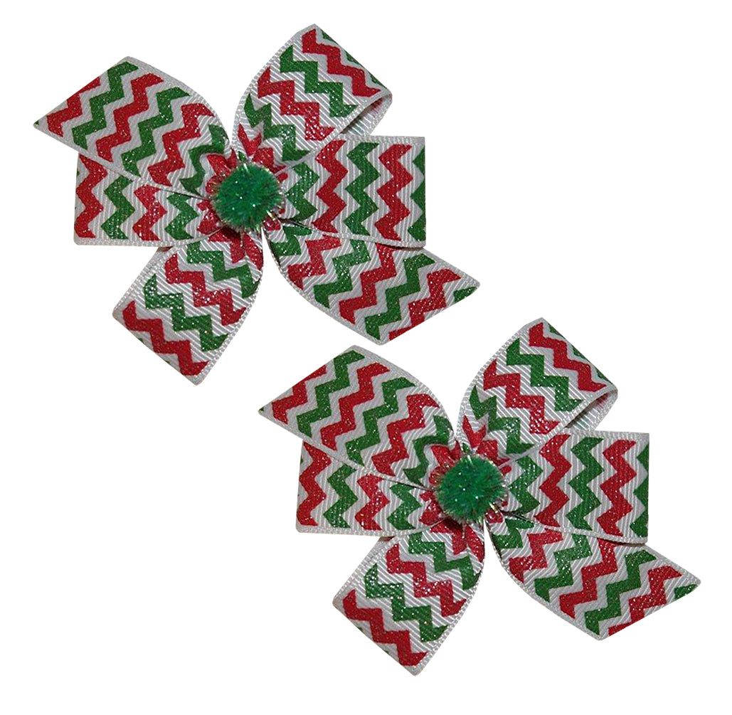 WD2U Baby Girls 2 Sparkling Christmas Red Green Chevron Hair Bow Alligator Clips