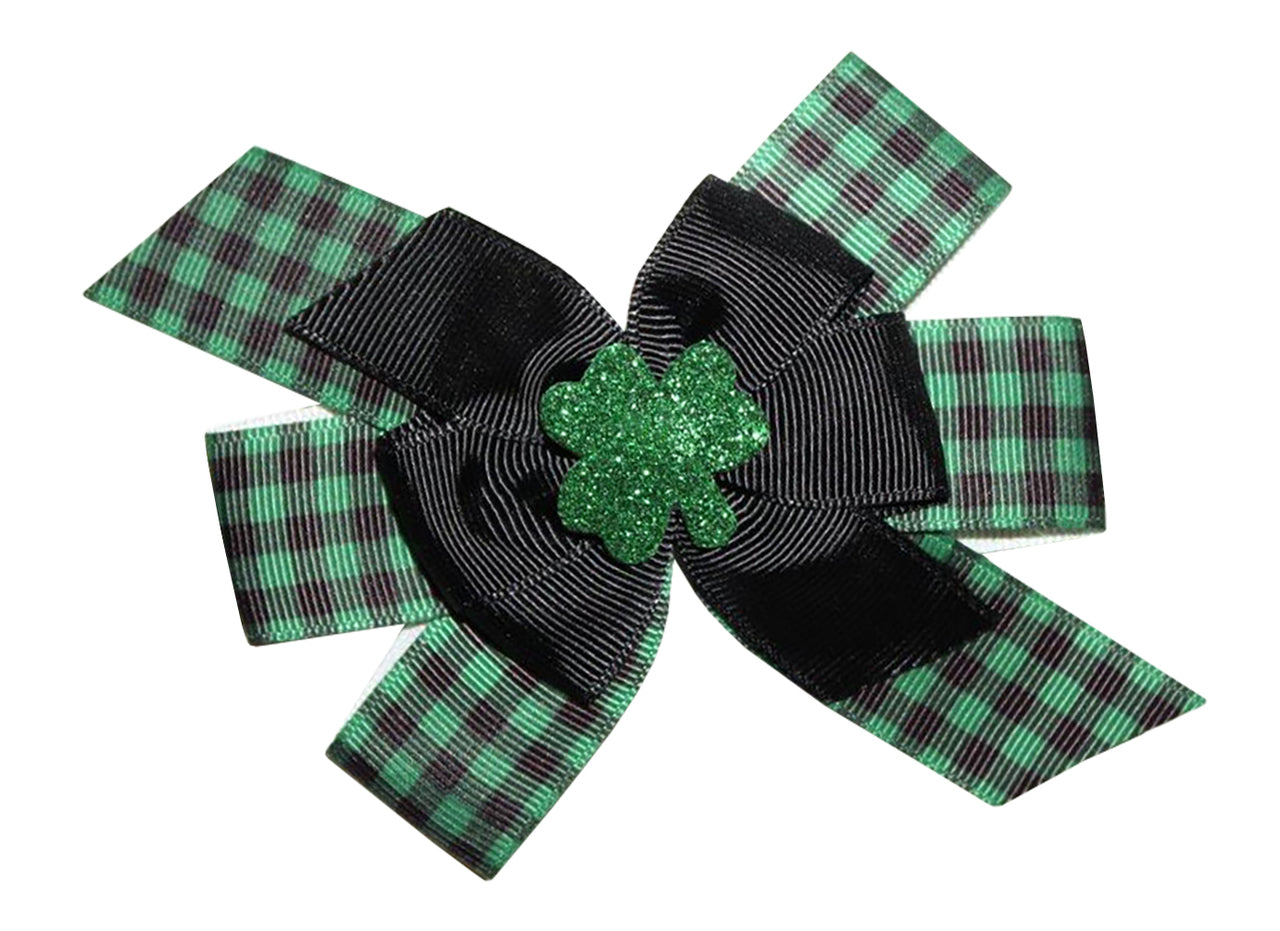 WD2U Girls Green Shamrock Buffalo Plaid St Patricks Day 4.5" Hair Bow French Clip