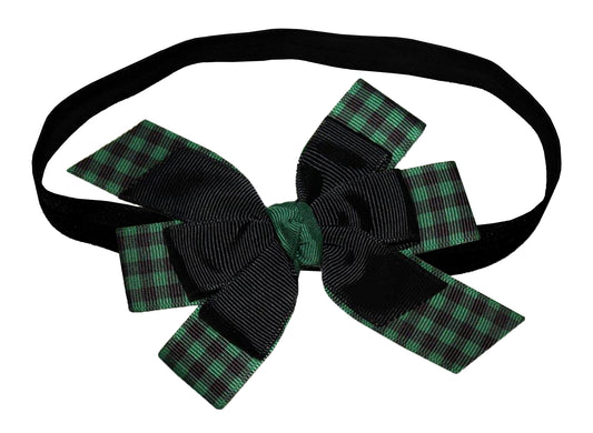 WD2U Girls Black & Green Buffalo Plaid Woodland Lumberjack Hair Bow Headband