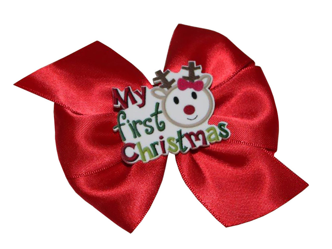 WD2U Baby Girls Red Satin Reindeer First Christmas Hair Bow Alligator Clip USA