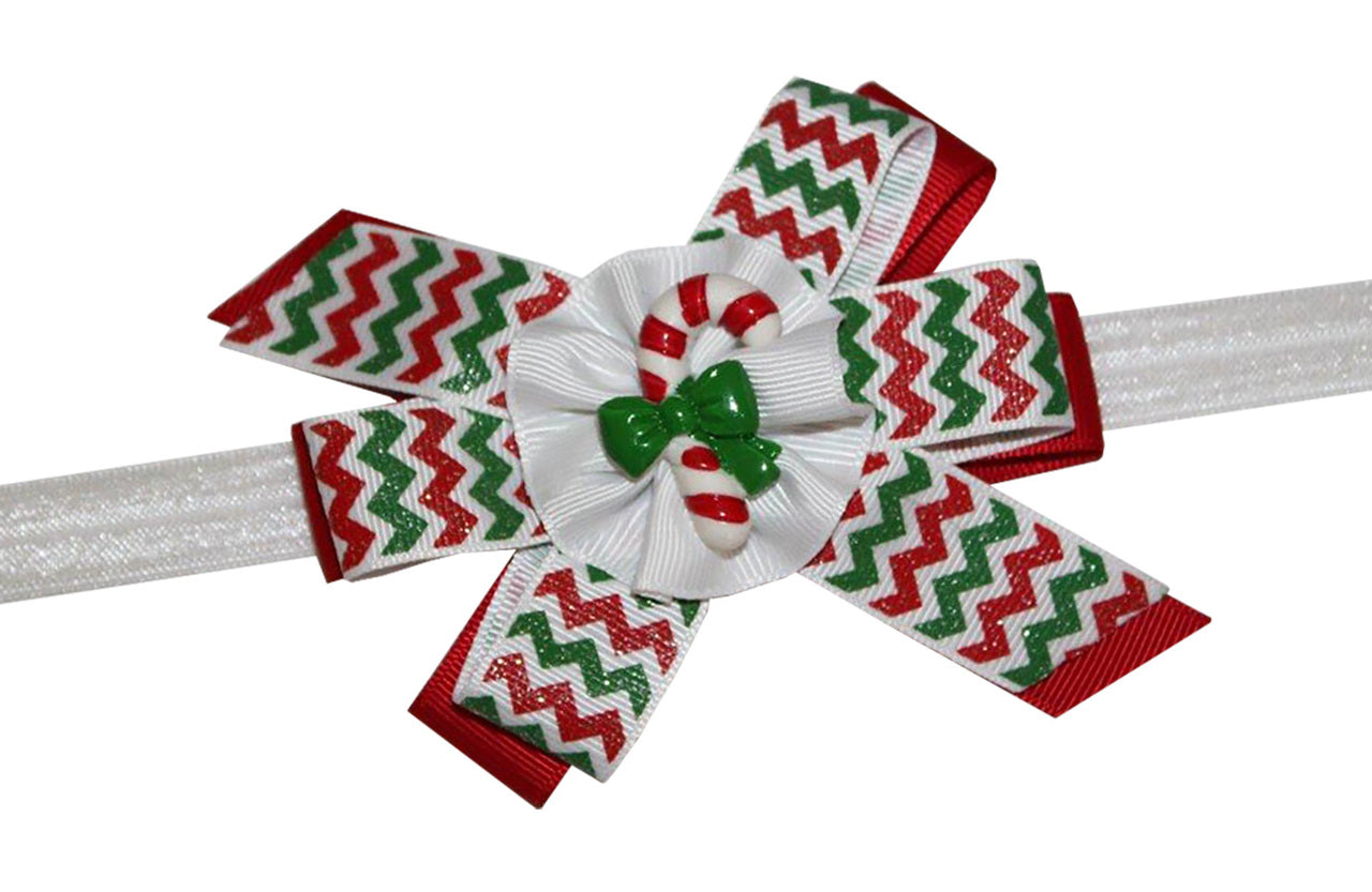 WD2U Baby Girls Sparkling Chevron Christmas Candy Cane Hair Bow Stretch Headband