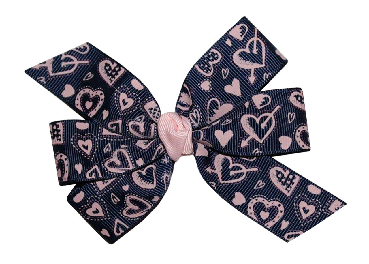 WD2U Girls Navy & Pink Heart Valentines Hair Bow Alligator Clip