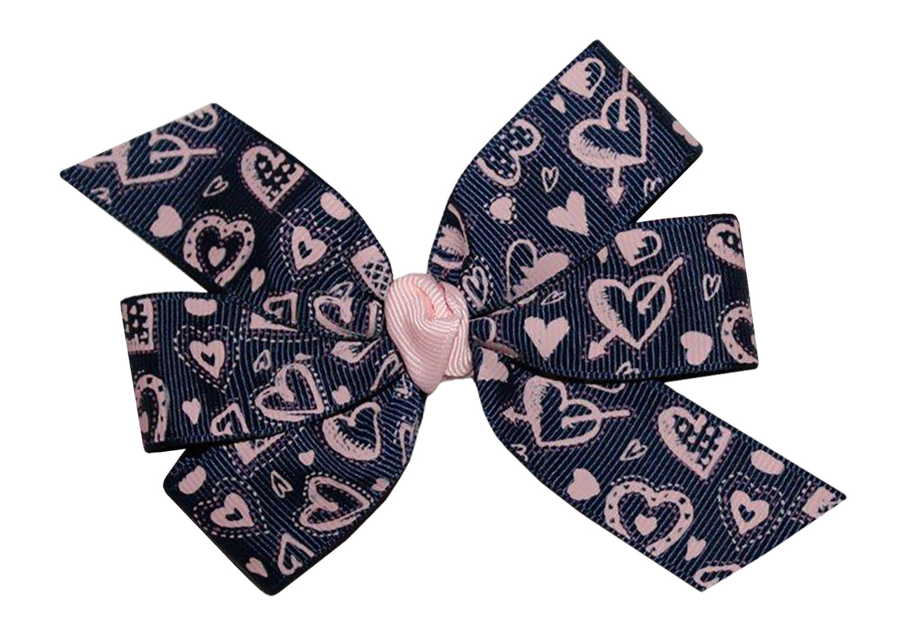 WD2U Girls  Navy & Pink Heart Valentines Hair Bow French Clip Barrette