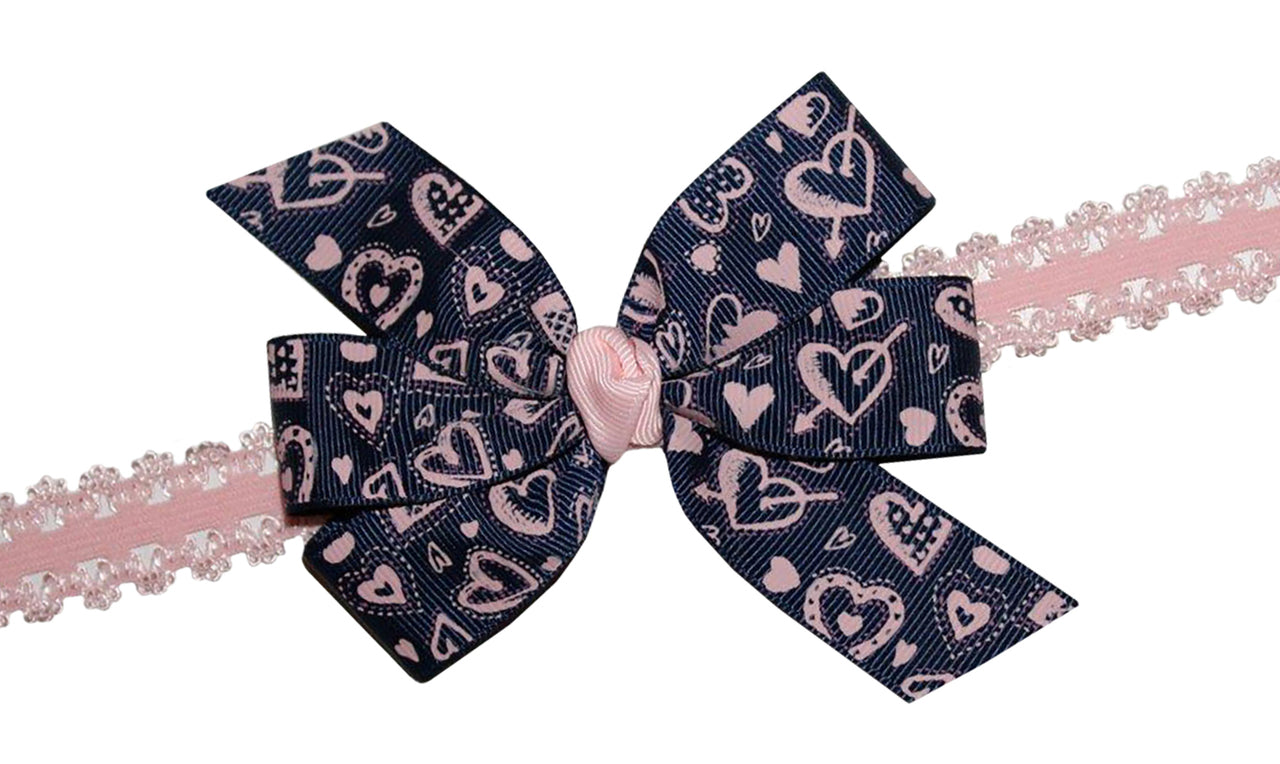 WD2U Baby Girls Navy & Pink Heart Valentines Hair Bow Stretch Headband