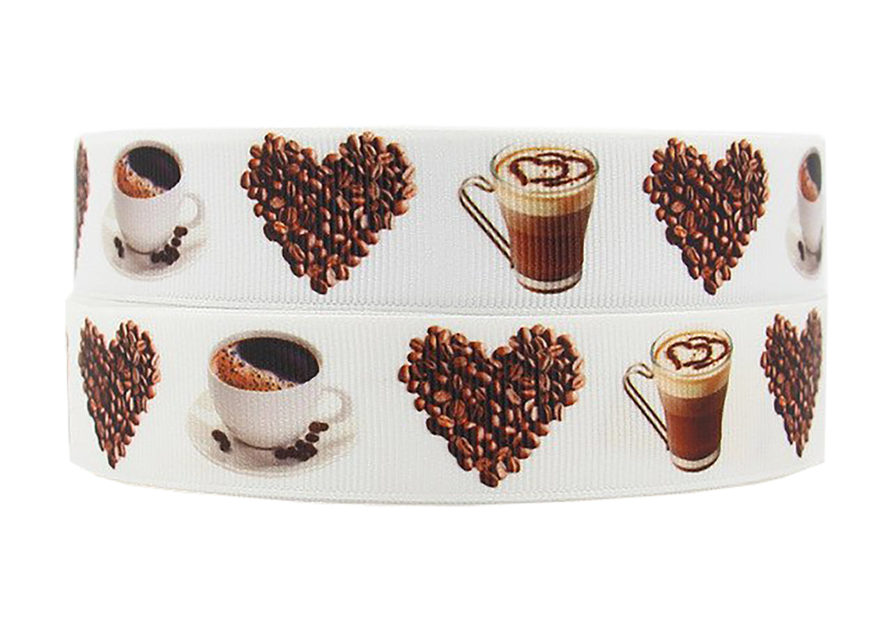 1" Love You a Latte Heart Coffee Grosgrain Ribbon Yardage DIY Hair Bows Crafts